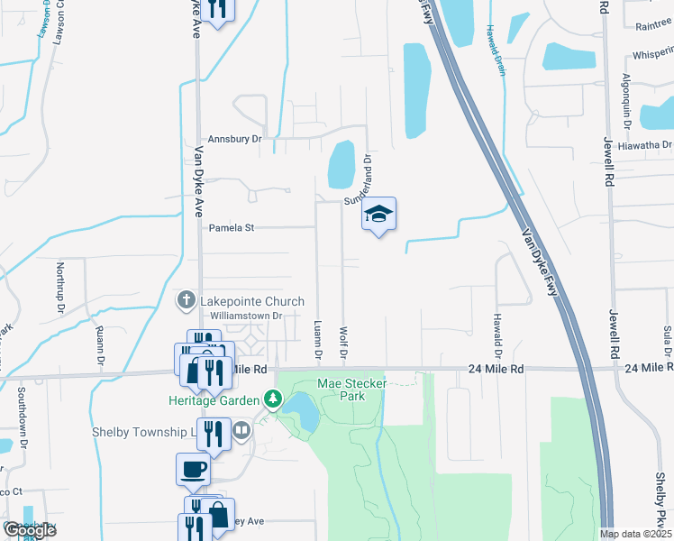 map of restaurants, bars, coffee shops, grocery stores, and more near 53265 Wolf Drive in Macomb County