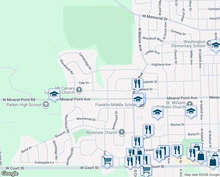 map of restaurants, bars, coffee shops, grocery stores, and more near 2741 Harvard Drive in Janesville