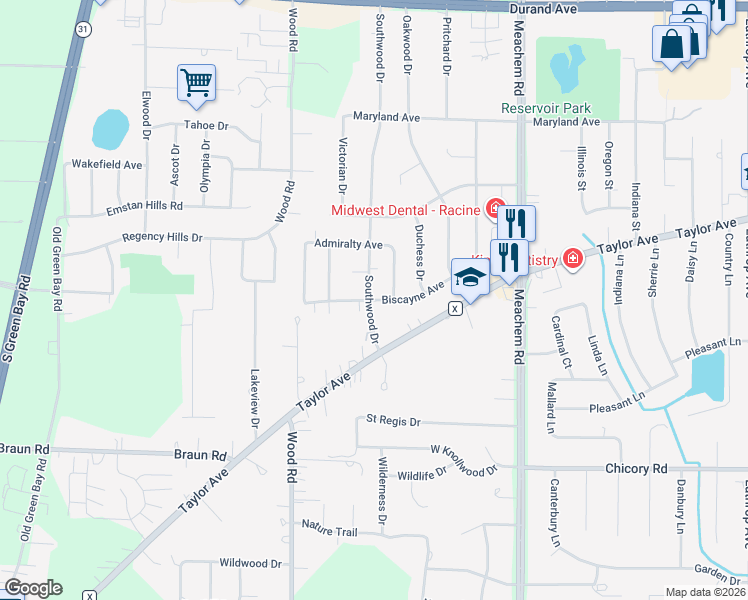 map of restaurants, bars, coffee shops, grocery stores, and more near 3821 Southwood Drive in Racine