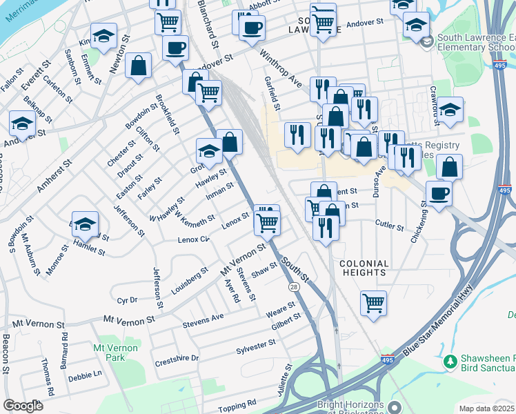 map of restaurants, bars, coffee shops, grocery stores, and more near 366 South Broadway in Lawrence