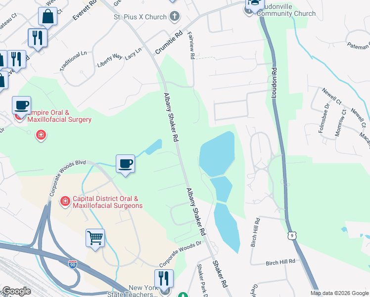 map of restaurants, bars, coffee shops, grocery stores, and more near 330 Albany Shaker Road in Albany