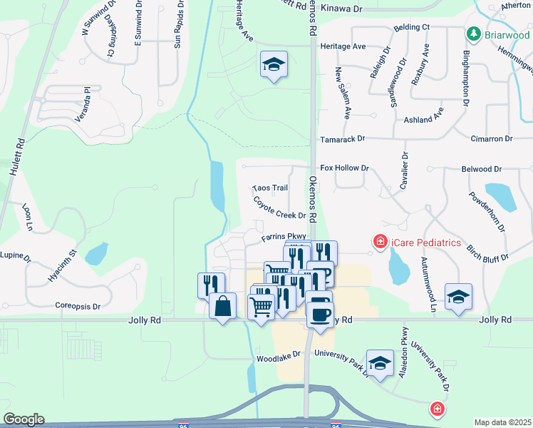 map of restaurants, bars, coffee shops, grocery stores, and more near 2325 Coyote Creek Drive in Meridian charter Township