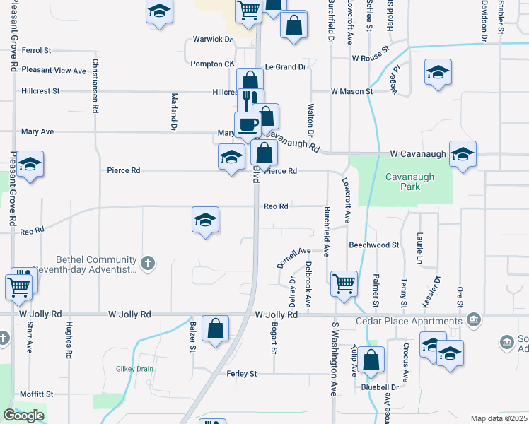 map of restaurants, bars, coffee shops, grocery stores, and more near 1010 Vincent Court in Lansing