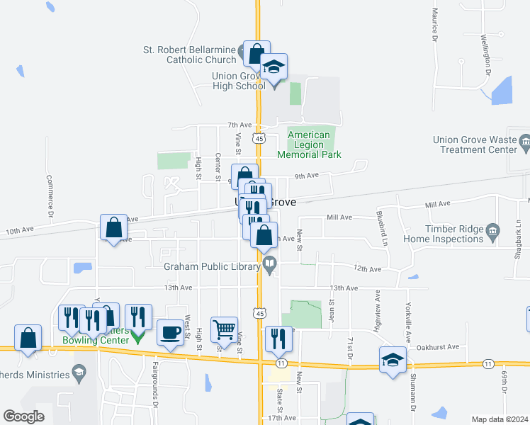map of restaurants, bars, coffee shops, grocery stores, and more near 1027 Main Street in Union Grove
