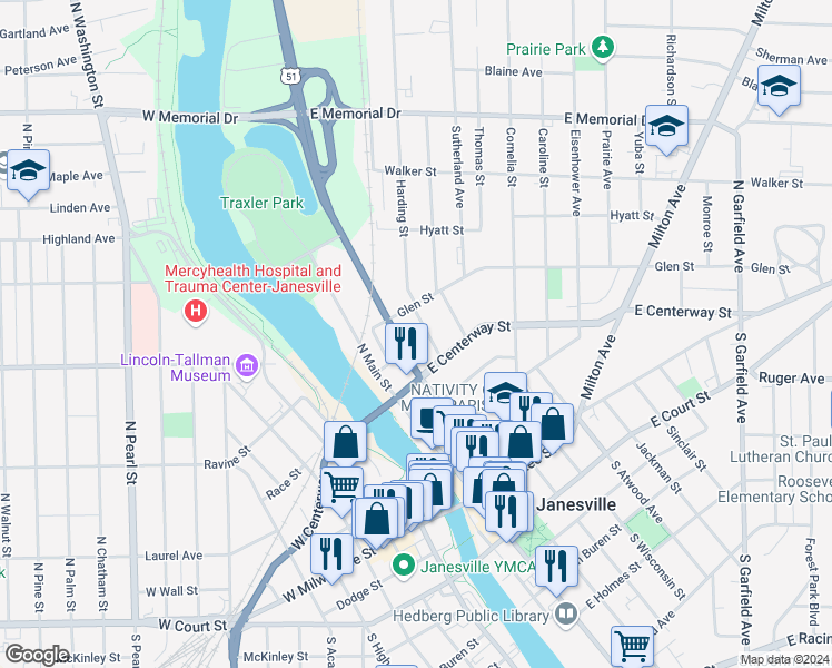 map of restaurants, bars, coffee shops, grocery stores, and more near 418 North Parker Drive in Janesville
