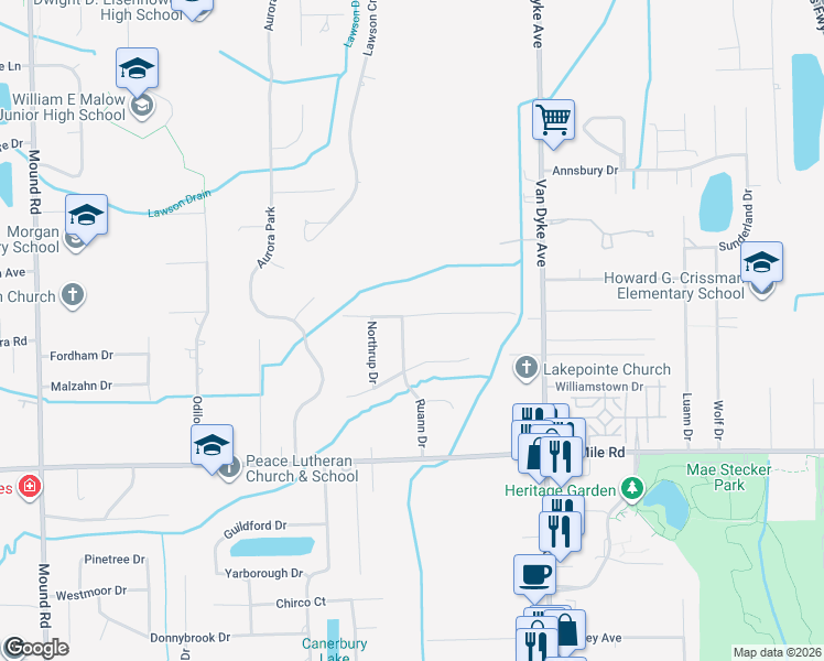 map of restaurants, bars, coffee shops, grocery stores, and more near 53329 Ruann Drive in Macomb County