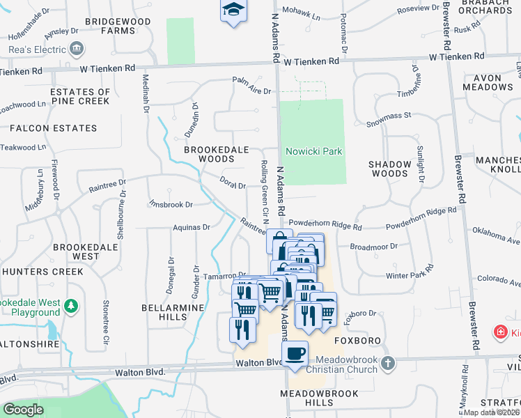 map of restaurants, bars, coffee shops, grocery stores, and more near 520 Pinehurst Drive in Rochester Hills