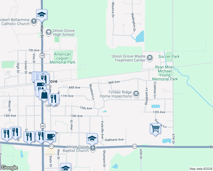 map of restaurants, bars, coffee shops, grocery stores, and more near 1031 Cardinal Court in Union Grove