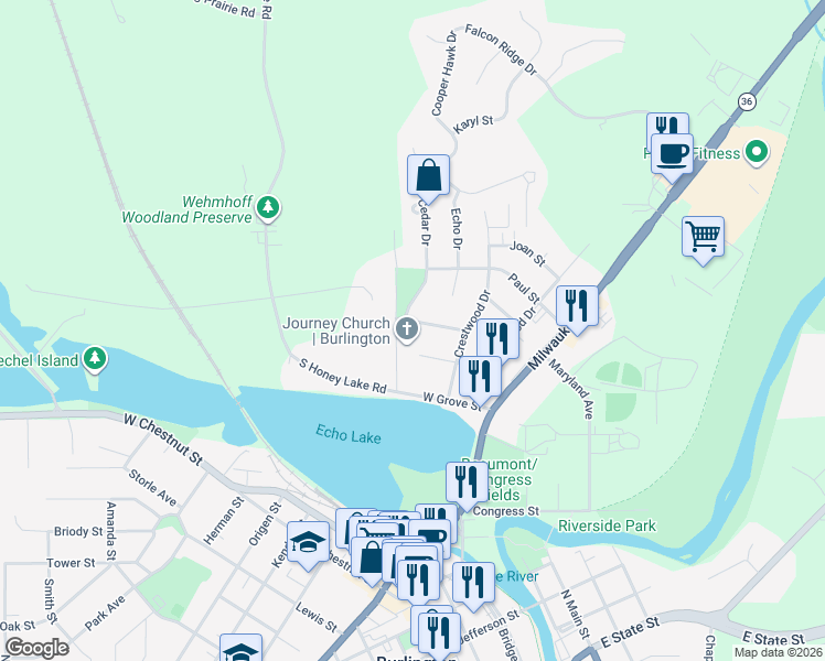 map of restaurants, bars, coffee shops, grocery stores, and more near 740 Center Street in Burlington