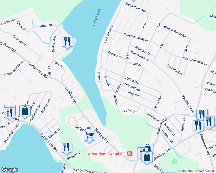 map of restaurants, bars, coffee shops, grocery stores, and more near 300 Long Pond Drive in Dracut