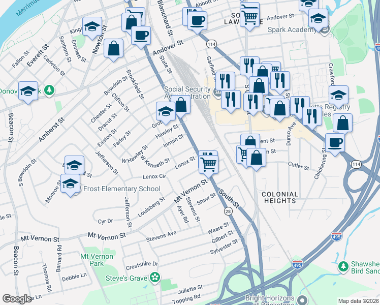 map of restaurants, bars, coffee shops, grocery stores, and more near 19 Lenox Street in Lawrence
