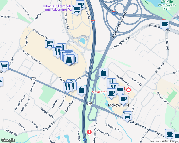 map of restaurants, bars, coffee shops, grocery stores, and more near Governor Thomas E. Dewey Thruway in Albany