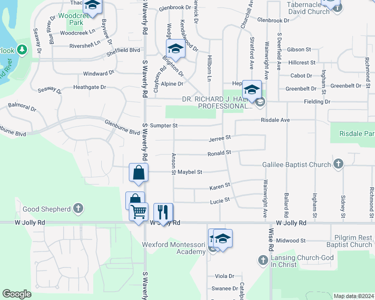 map of restaurants, bars, coffee shops, grocery stores, and more near 3610 Ronald Street in Lansing