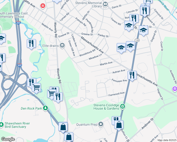 map of restaurants, bars, coffee shops, grocery stores, and more near 340 Wood Lane in North Andover
