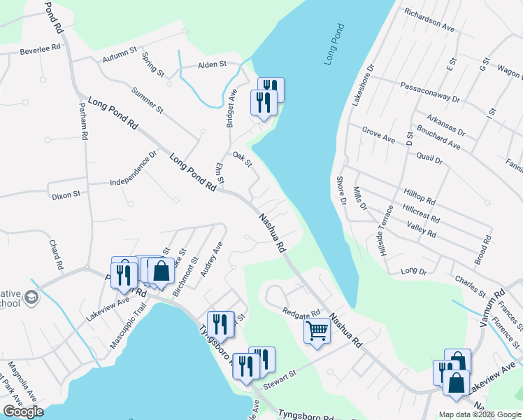 map of restaurants, bars, coffee shops, grocery stores, and more near 808 Nashua Road in Dracut
