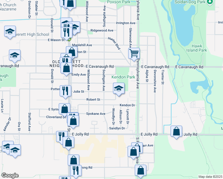 map of restaurants, bars, coffee shops, grocery stores, and more near 725 Julia Street in Lansing