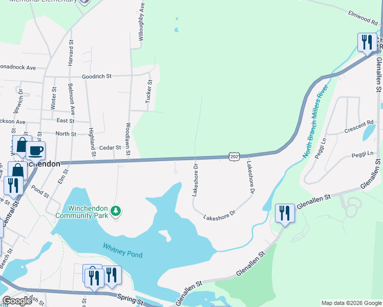 map of restaurants, bars, coffee shops, grocery stores, and more near 314 Maple Street in Winchendon