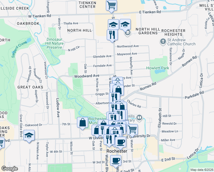 map of restaurants, bars, coffee shops, grocery stores, and more near 142 Griggs Street in Rochester