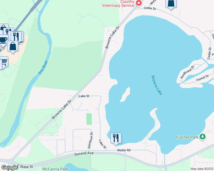 map of restaurants, bars, coffee shops, grocery stores, and more near 3405 South Browns Lake Drive in Burlington