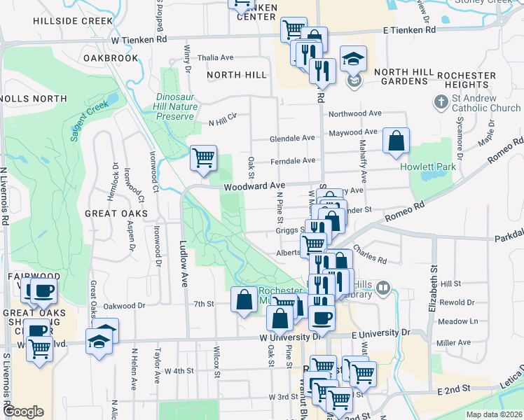 map of restaurants, bars, coffee shops, grocery stores, and more near 313 Woodward Avenue in Rochester