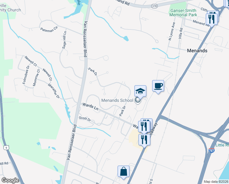 map of restaurants, bars, coffee shops, grocery stores, and more near 16 Park Drive in Menands