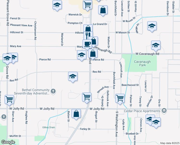 map of restaurants, bars, coffee shops, grocery stores, and more near 4513 South Martin Luther King Junior Boulevard in Lansing