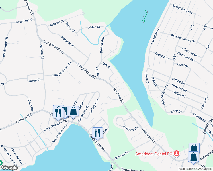 map of restaurants, bars, coffee shops, grocery stores, and more near 5 Long Pond Road in Tyngsborough