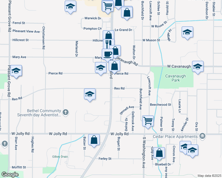 map of restaurants, bars, coffee shops, grocery stores, and more near 4513 South Martin Luther King Junior Boulevard in Lansing