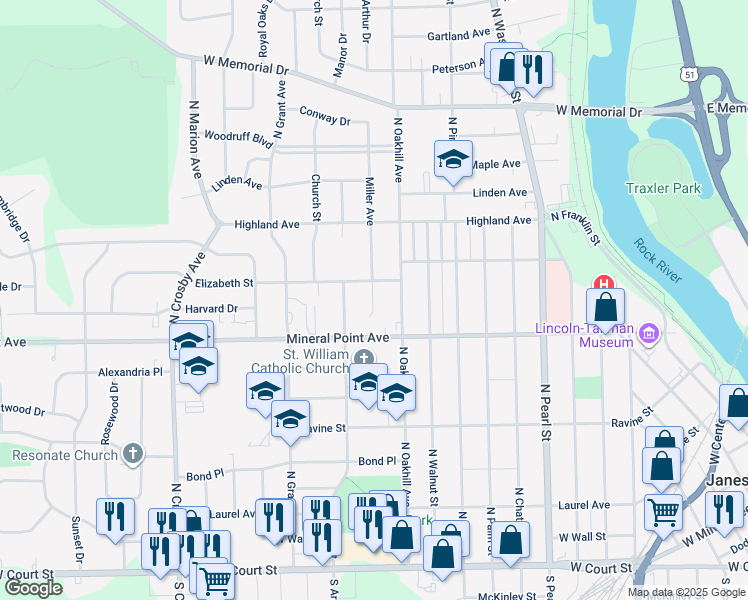 map of restaurants, bars, coffee shops, grocery stores, and more near 1816 Elizabeth Street in Janesville