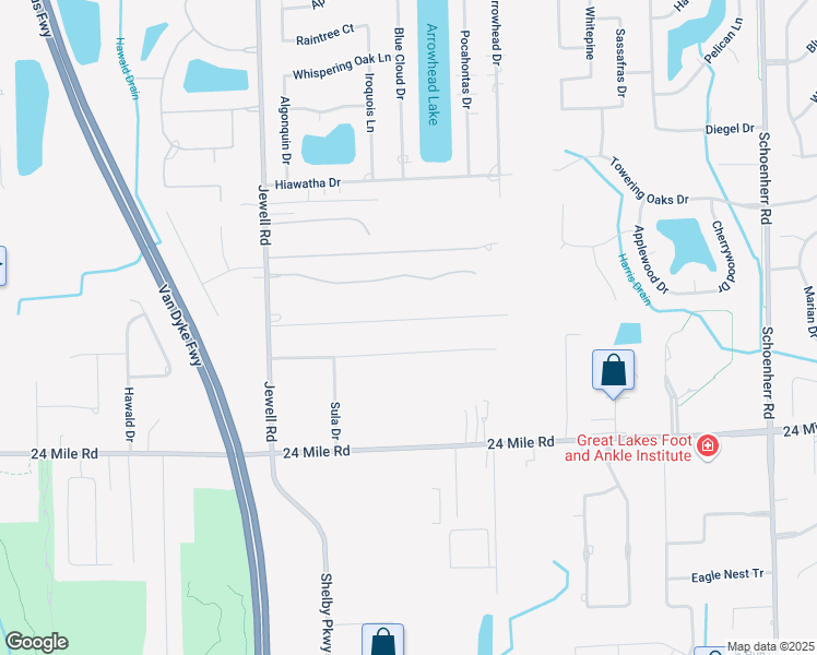 map of restaurants, bars, coffee shops, grocery stores, and more near 53540 Jewell Road in Macomb County