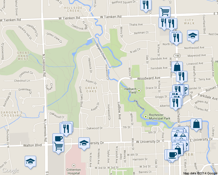 map of restaurants, bars, coffee shops, grocery stores, and more near 1008 Ironwood Court in Rochester