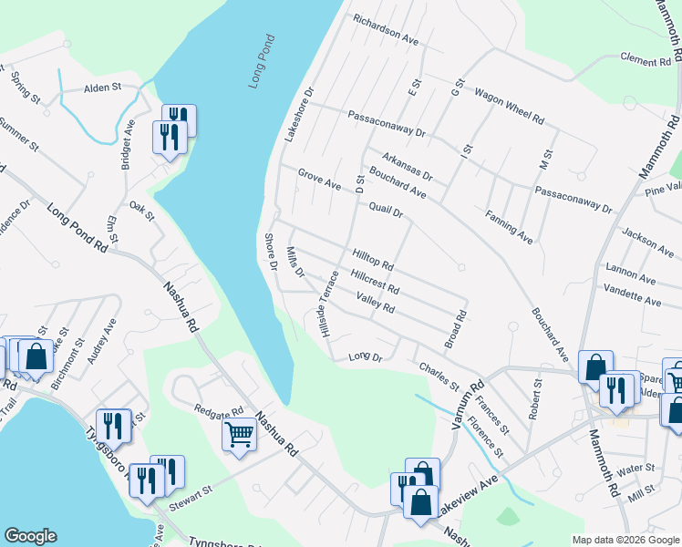 map of restaurants, bars, coffee shops, grocery stores, and more near 122 Hilltop Road in Dracut