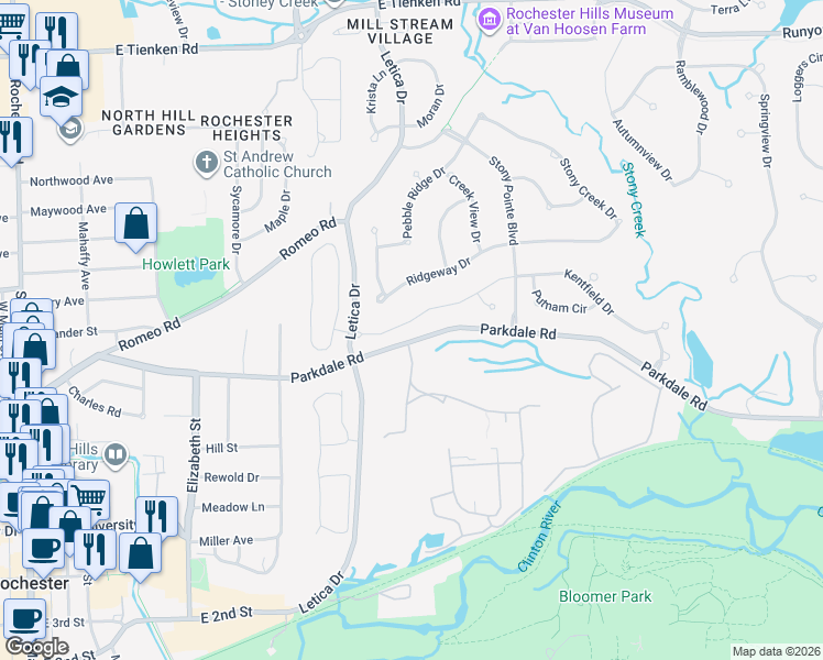 map of restaurants, bars, coffee shops, grocery stores, and more near 1154 Ridgeway Drive in Rochester