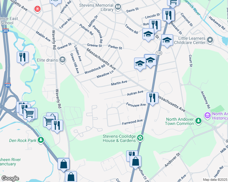 map of restaurants, bars, coffee shops, grocery stores, and more near 78 Adams Avenue in North Andover