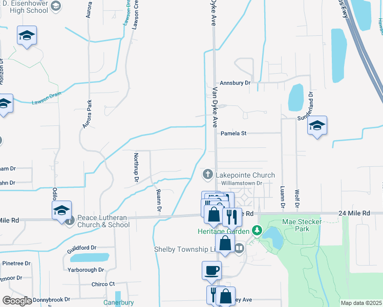 map of restaurants, bars, coffee shops, grocery stores, and more near 7685 Metz Drive in Macomb County