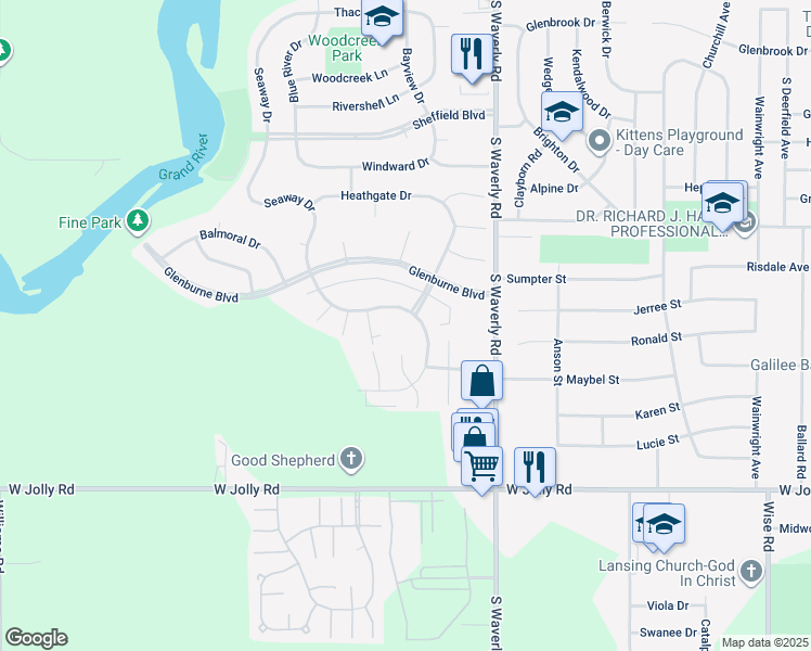 map of restaurants, bars, coffee shops, grocery stores, and more near 4590 Seaway Drive in Lansing