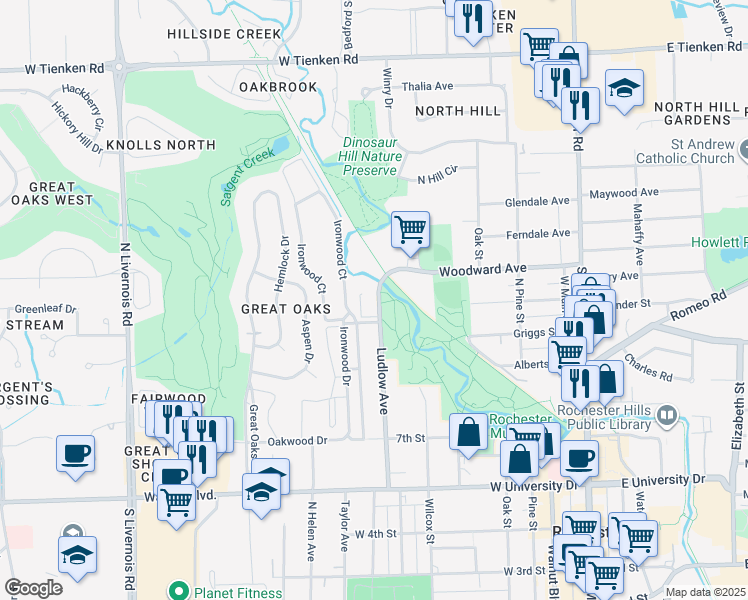 map of restaurants, bars, coffee shops, grocery stores, and more near 845 Ludlow Avenue in Rochester
