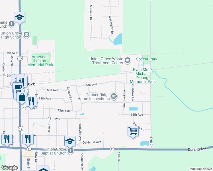 map of restaurants, bars, coffee shops, grocery stores, and more near 180 Mill Avenue in Union Grove
