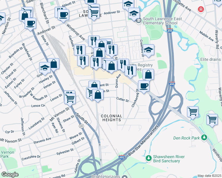 map of restaurants, bars, coffee shops, grocery stores, and more near 7 Kent Street in Lawrence