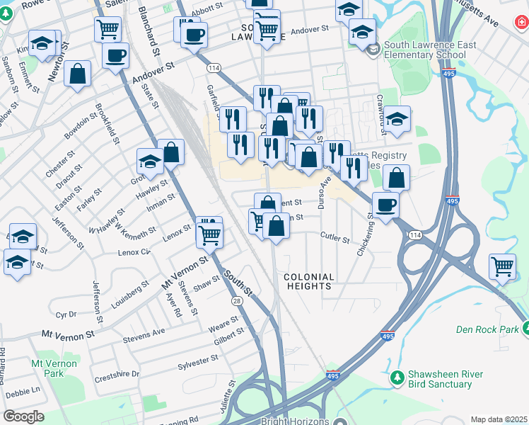 map of restaurants, bars, coffee shops, grocery stores, and more near 45 Kent Street in Lawrence