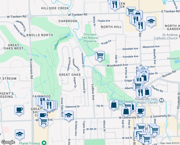 map of restaurants, bars, coffee shops, grocery stores, and more near 1008 Ironwood Court in Rochester