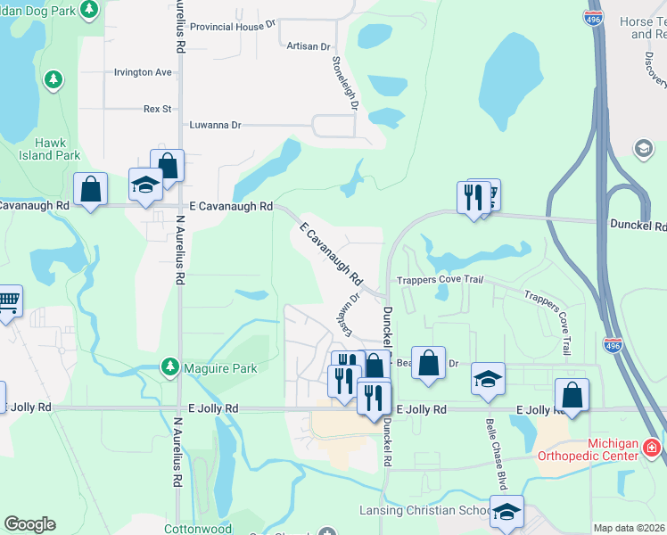 map of restaurants, bars, coffee shops, grocery stores, and more near 2433 East Cavanaugh Road in Lansing