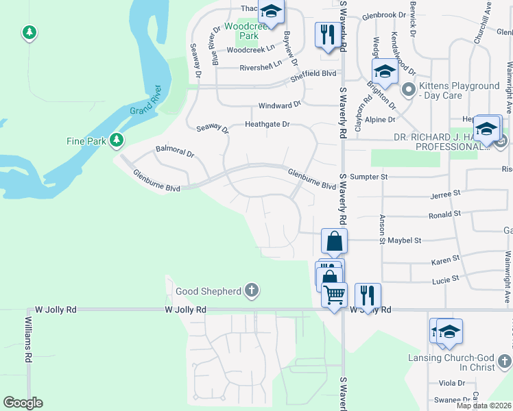 map of restaurants, bars, coffee shops, grocery stores, and more near 4439 Seaway Drive in Lansing