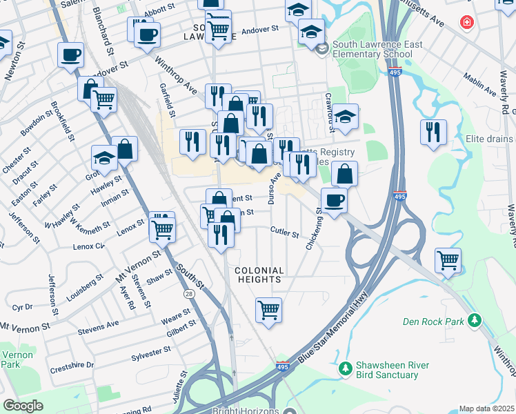 map of restaurants, bars, coffee shops, grocery stores, and more near 7 Kent Street in Lawrence