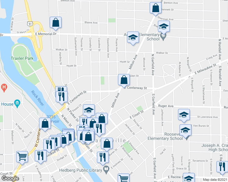 map of restaurants, bars, coffee shops, grocery stores, and more near 614 East Centerway Street in Janesville