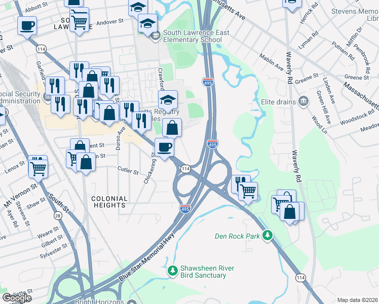 map of restaurants, bars, coffee shops, grocery stores, and more near 284 Winthrop Avenue in Lawrence