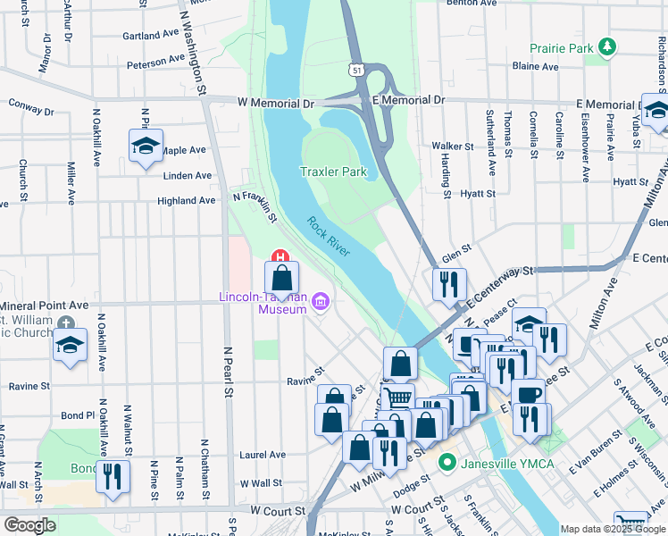 map of restaurants, bars, coffee shops, grocery stores, and more near Kiwanis Bike Trail in Janesville