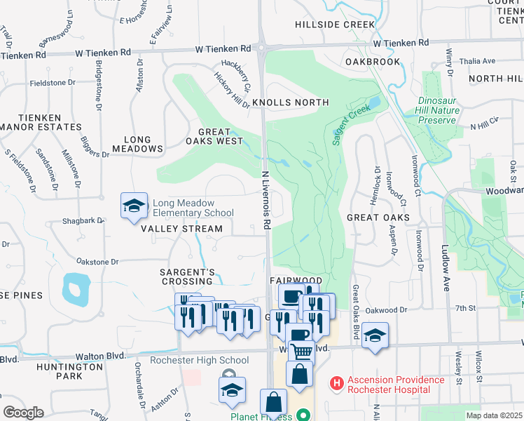 map of restaurants, bars, coffee shops, grocery stores, and more near 1307 Chestnut Lane in Rochester Hills
