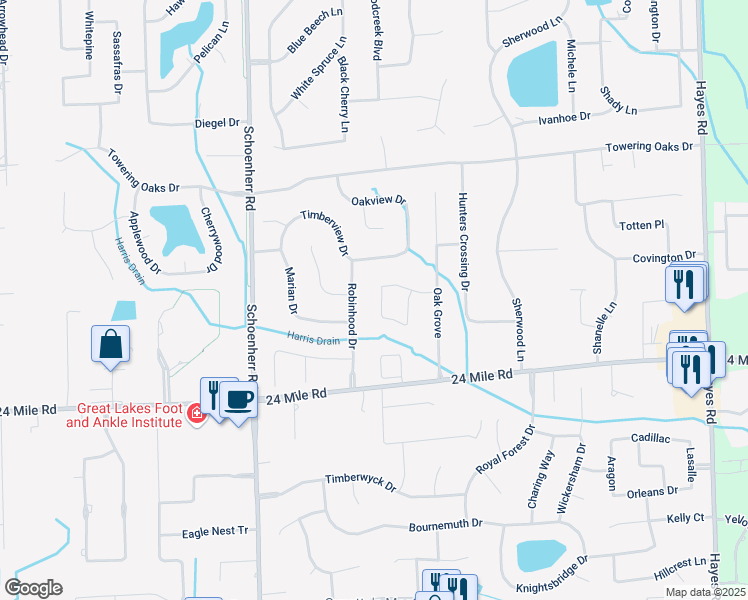 map of restaurants, bars, coffee shops, grocery stores, and more near 53438 Robinhood Drive in Macomb County