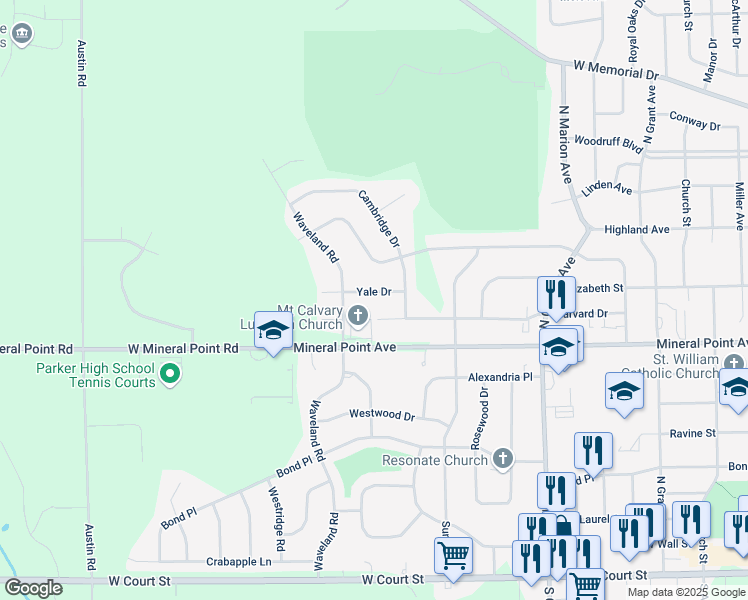 map of restaurants, bars, coffee shops, grocery stores, and more near 2938 Yale Drive in Janesville